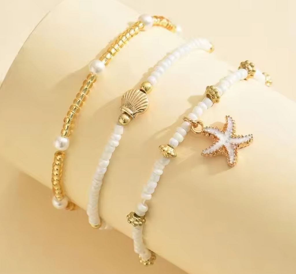 Bohemian Starfish Shell Anklet Set – Three Layer Beach Bead Ankle Bracelet for Women