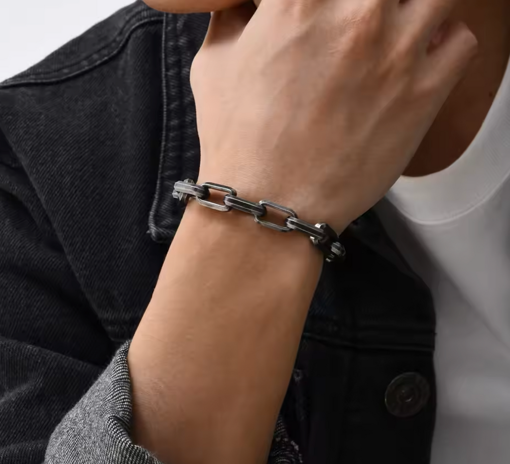 Punk Rectangular Link Chain Bracelet – Chunky Oxidized Paperclip