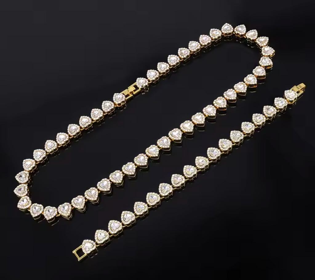 Luxurious Heart Rhinestone Tennis Chain Necklace & Bracelet Set