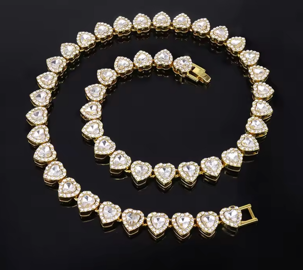Luxurious Heart Rhinestone Tennis Chain Necklace & Bracelet Set