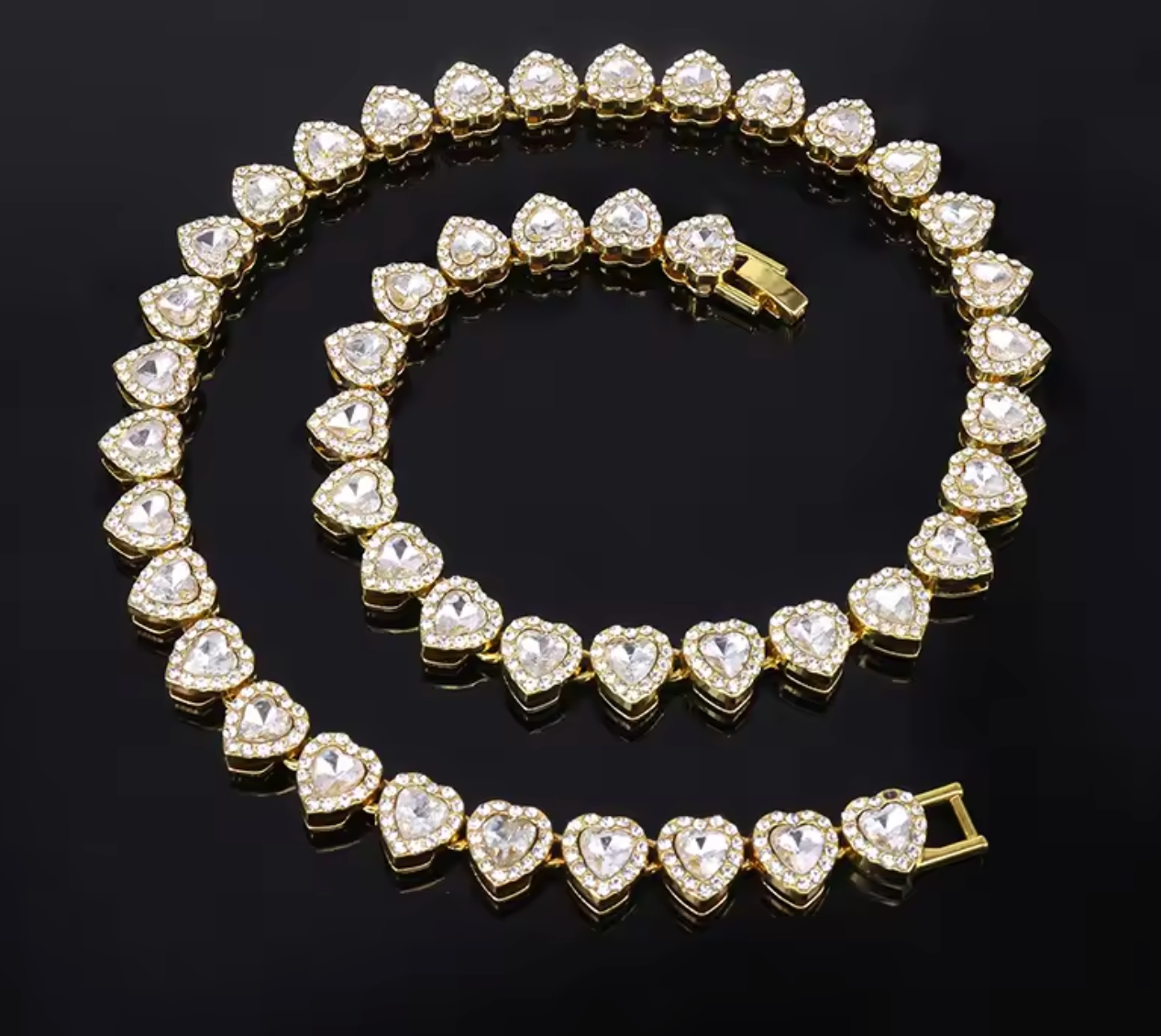 Luxurious Heart Rhinestone Tennis Chain Necklace & Bracelet Set